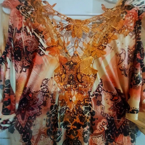 One World Elegant Multicolor Maxi Dress Large Crocheting Fairy Style Pullover - Picture 4 of 10